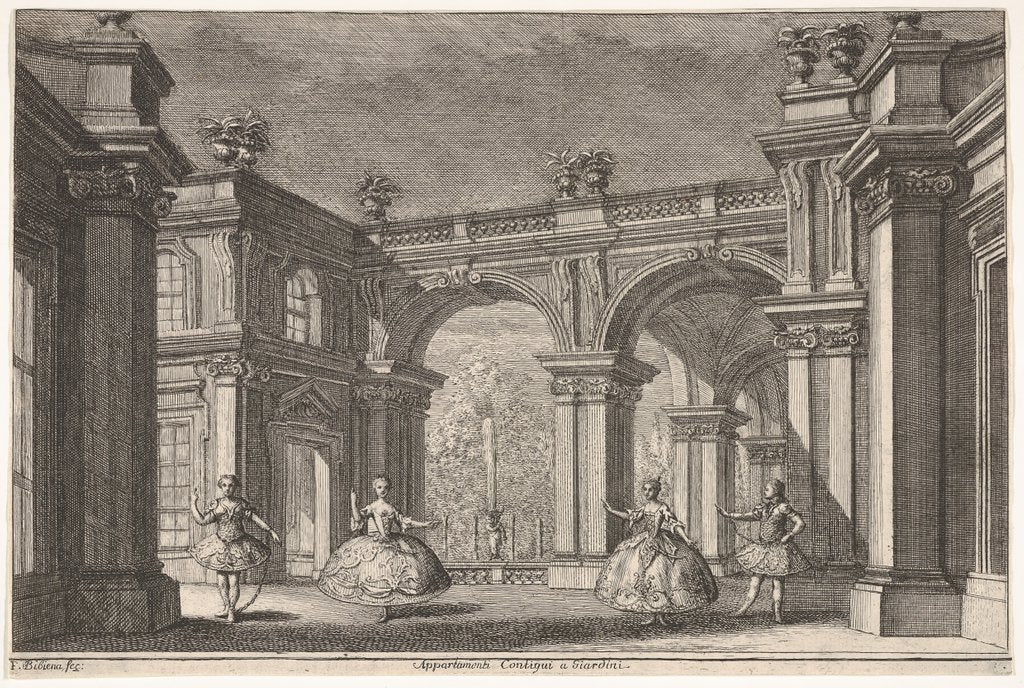 Detail of Two ladies and two gentlemen dancing within an ornate architectural setting, a fountain at…, 1765 by Francesco Galli Bibiena