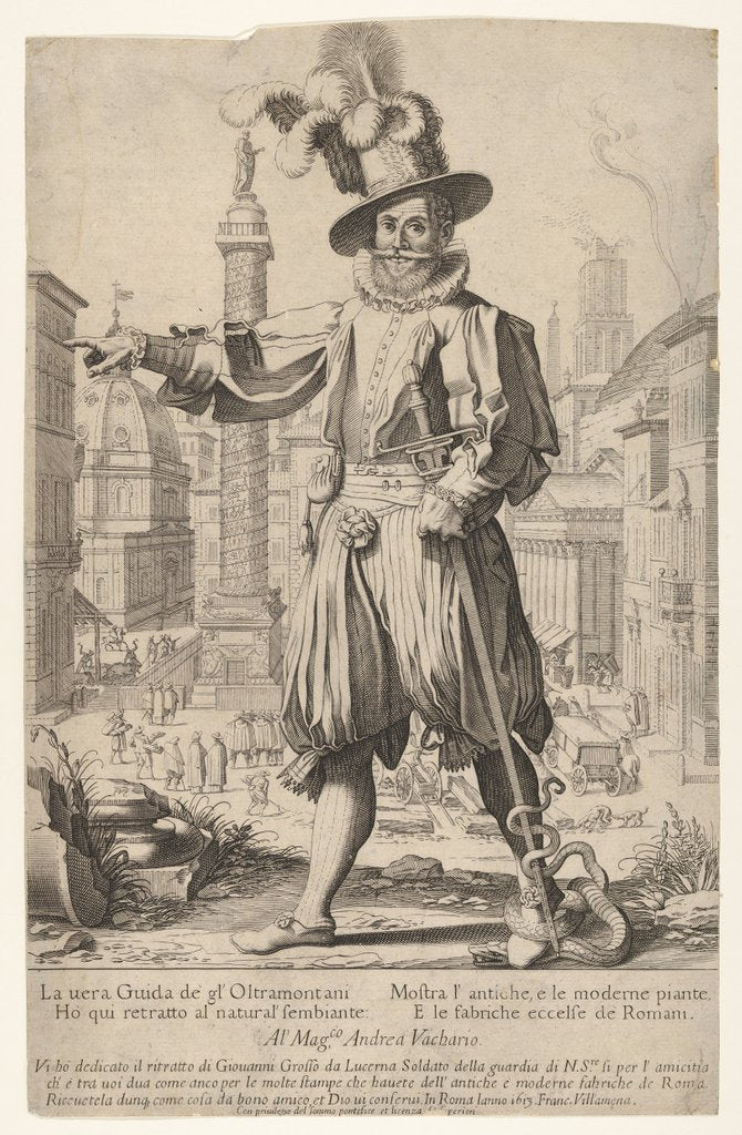 Detail of Giovanni Alto standing on the Quirinal Hill in Rome, with hi…, 1613 by Francesco Villamena