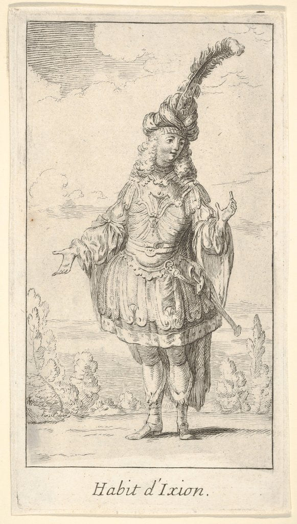 Detail of Habit d'Ixion: a man wearing a tonnelet with a sword in the belt, a turban with one la…, ca. 1721 by Francois Joullain