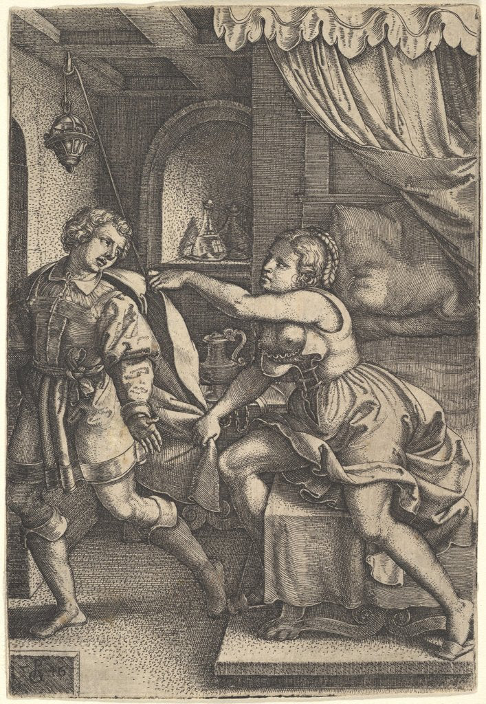 Detail of Joseph strides away from Potiphar's wife, who clutches his cloak with both hands as she st…, 1546 by Georg Pencz