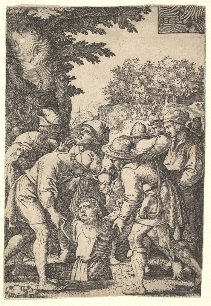 Detail of Joseph lowered into a well by his brothers, from the series 'The Story of Joseph', 1546 by Georg Pencz