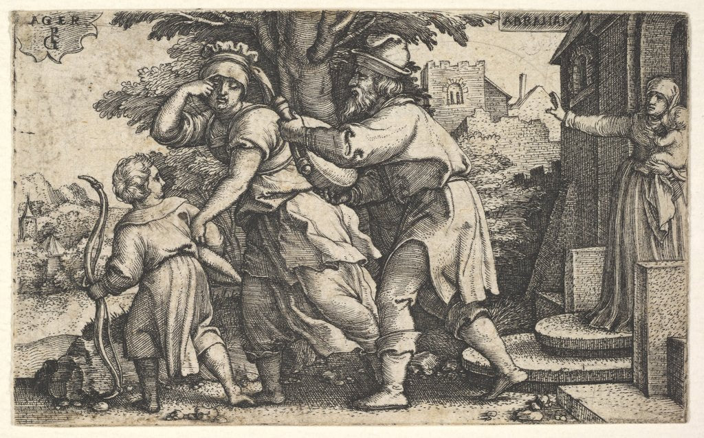 Detail of Abraham sending away Hagar and Ishmael: Abraham holds forth a vessel as Hagar and Ishm…, ca. 1543 by Georg Pencz