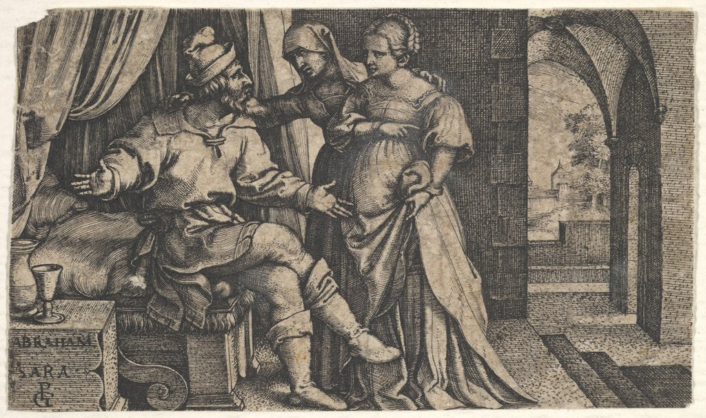 Detail of Sarah presenting Hagar to Abraham, who sits at the foot of a bed, from the series 'The…, ca. 1543 by Georg Pencz