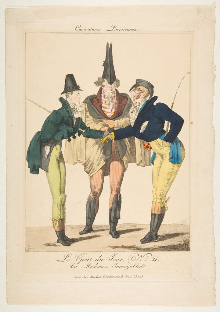 Detail of Le Goût du Jour, No. 21: Les Modernes Incroyables, from Caricatures Parisiennes, ca. 1815 by Georges Jacques Gatine