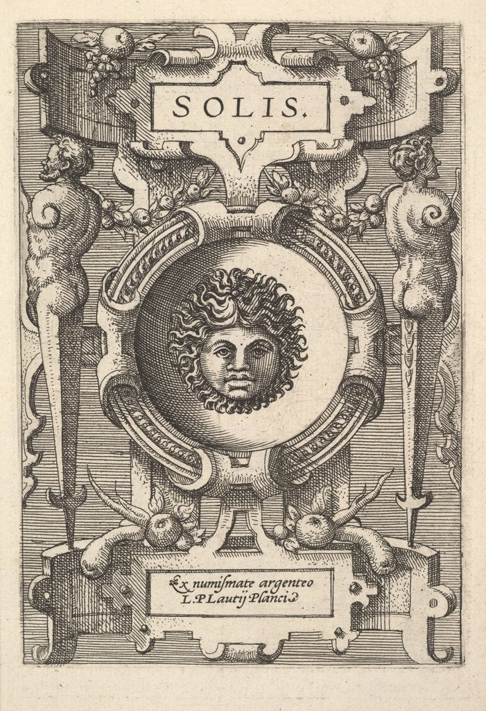 Detail of Bust of Sol surrounded by strapwork, from the series 'Deorum dearumque,' a set of images o…, 1573 by Gerard van Groeningen/Johannes van Doetecum I/Lucas van Doetecum