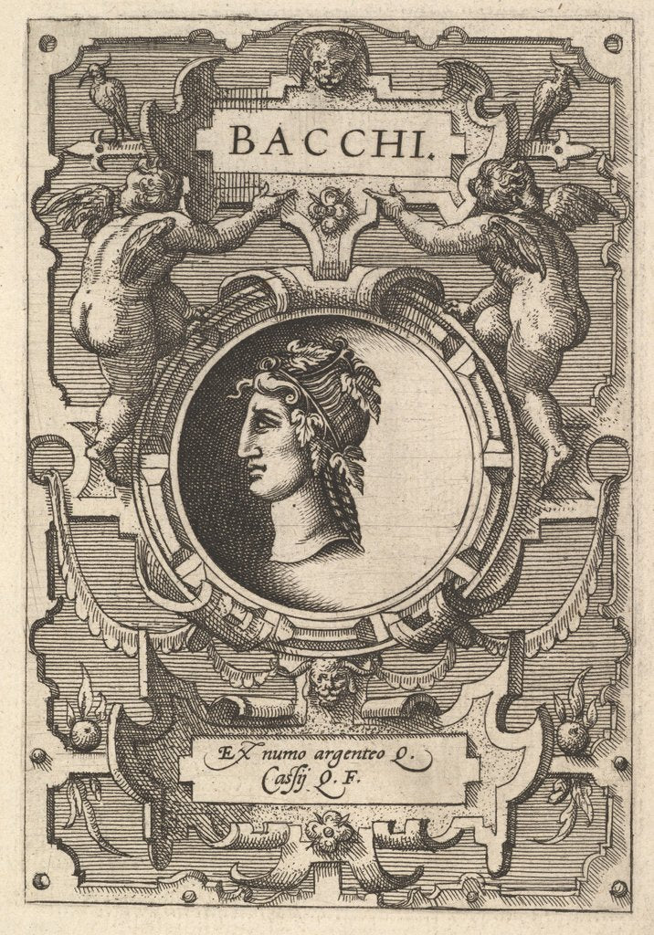 Detail of Bust of Bacchus surrounded by strapwork, from the series' Deorum dearumque,' a set of imag…, 1573 by Gerard van Groeningen/Johannes van Doetecum I/Lucas van Doetecum