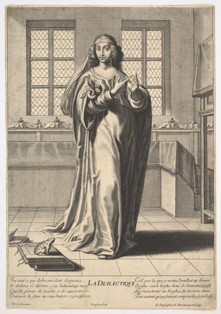 Detail of Dialectic: a young woman standing in a decorated interior and touching her right index …, 1633-35 by Gilles Rousselet