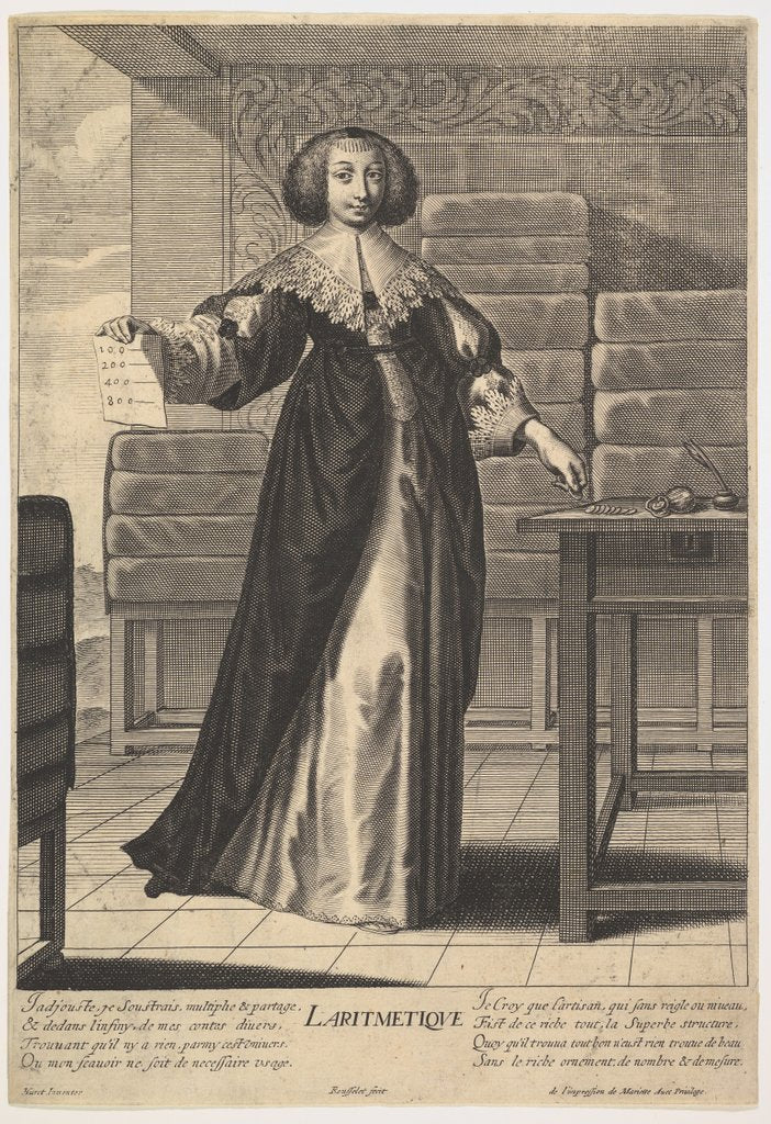 Detail of Arithmetic: a young woman standing at a table, holding a sheet with inscribed numbers i…, 1633-35 by Gilles Rousselet