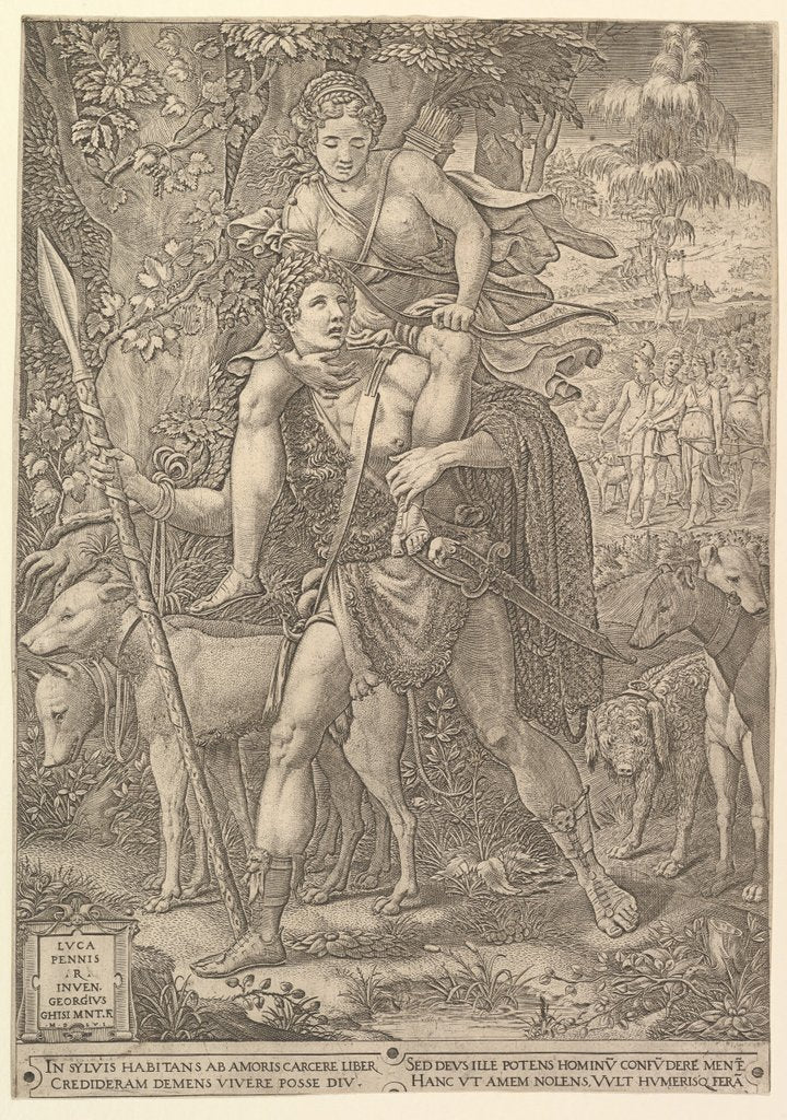 Detail of Allegory of the Hunt; a hunter holding a large spear carrying a woman on his shou…, 1556 by Giorgio Ghisi