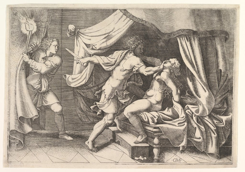 Detail of Tarquin attacking Lucretia, a servant at left witnessing the scene, ca. 1540 by Giorgio Ghisi
