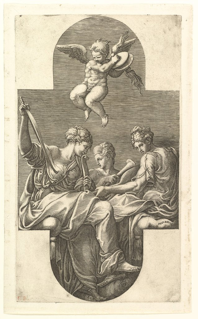 Detail of Three Muses and a Putto with Cymbals, a cruciform composition, from a series of eight com…, 1560s by Giorgio Ghisi