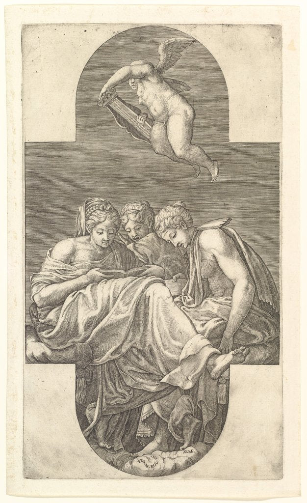 Detail of Three Muses and a Putto with a Lyre, a cruciform composition, from a series of eight comp…, 1560s by Giorgio Ghisi