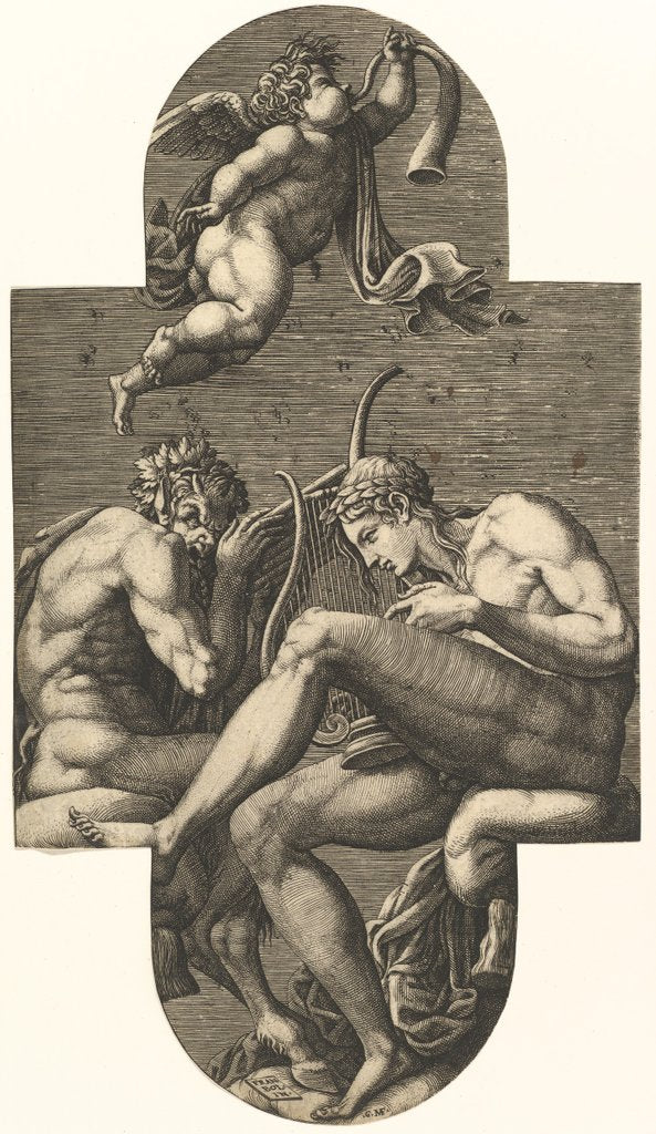 Detail of Apollo, Pan, and a putto blowing a horn, from a series of eight compositions after France…, 1560s by Giorgio Ghisi