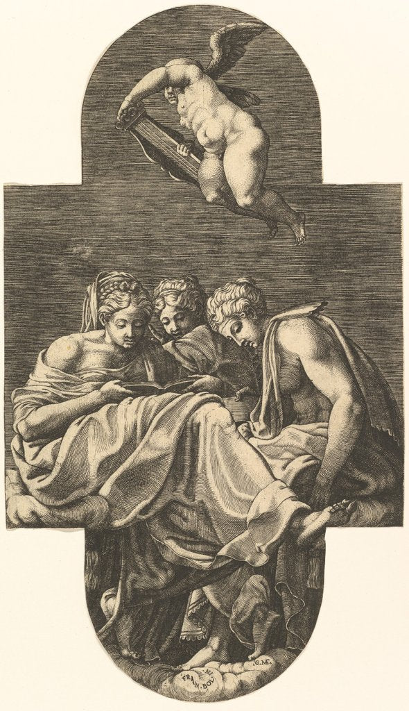 Detail of Three Muses and a putto above with a lyre, from a series of eight compositions after Fran…, 1560s by Giorgio Ghisi