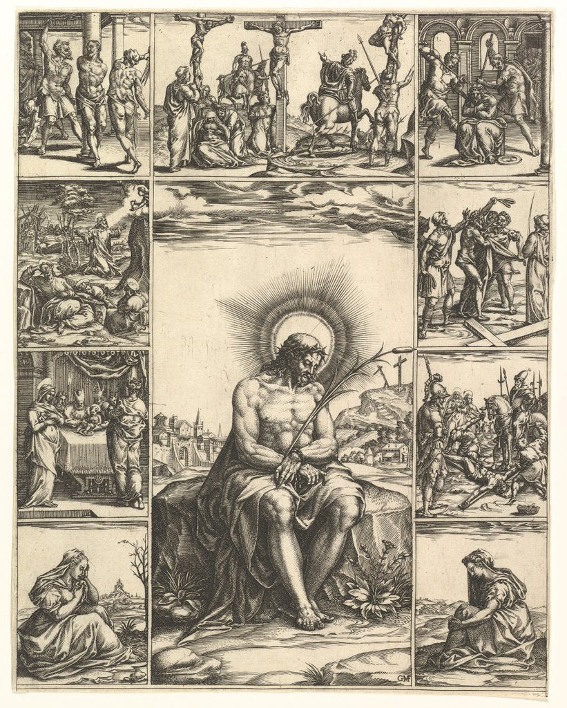 Detail of The Man of Sorrows; an image of Christ surrounded by nine vignettes depicting scenes of…, by 1575 by Giorgio Ghisi