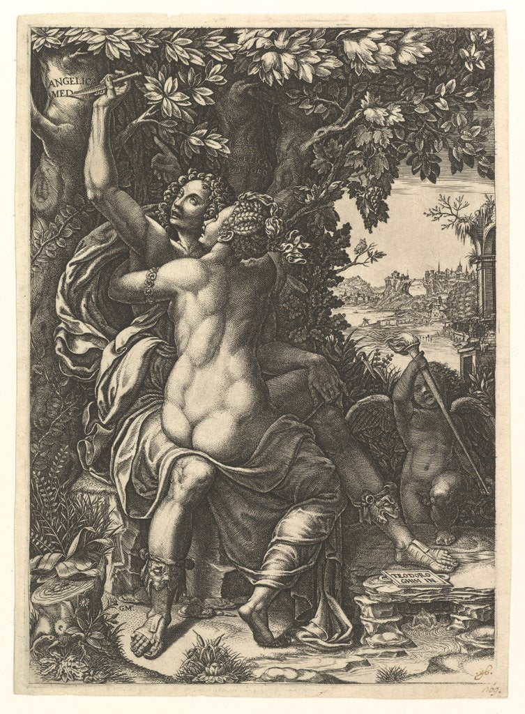Detail of Angelica and Medoro; the couple embracing, Medoro carving their names in the bark of a…, ca. 1570 by Giorgio Ghisi