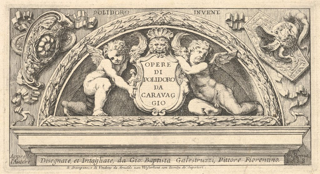 Detail of Titeplate to series of prints after Poloidoro, title on a shield supported by two putti, 1658 by Giovanni Battista Galestruzzi