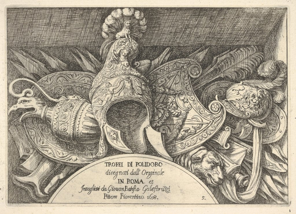 Detail of Plate 5: trophies of Roman arms from decorations above the windows on the second floor of …, 1658 by Giovanni Battista Galestruzzi