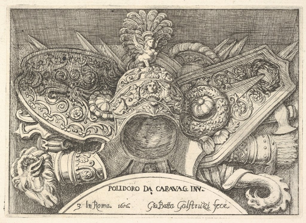 Detail of Plate 3: trophies of Roman arms from decorations above the windows on the second floor of …, 1656 by Giovanni Battista Galestruzzi