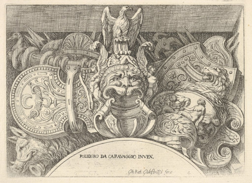 Detail of Plate 4: trophies of Roman arms from decorations above the windows on the second floor …, 1656-58 by Giovanni Battista Galestruzzi