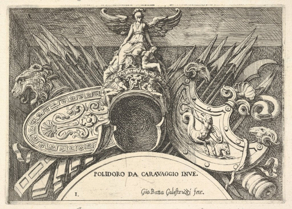 Detail of Plate 1: trophies of Roman arms from decorations above the windows on the second floor …, 1656-58 by Giovanni Battista Galestruzzi