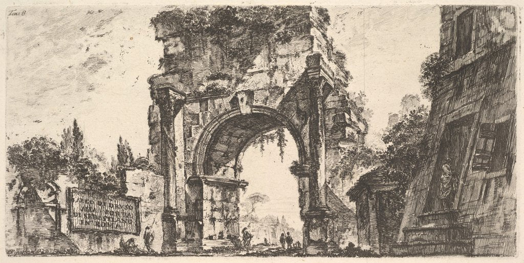 Detail of Plate 8: Arch of Drusus at the Porta S. Sebastiano in Rom by Giovanni Battista Piranesi