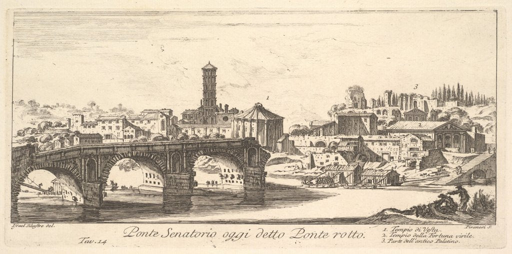 Detail of Plate 14: Senatorial Bridge, today called the Ponte Rotto. 1. Temple o…, ca. 1748 by Giovanni Battista Piranesi
