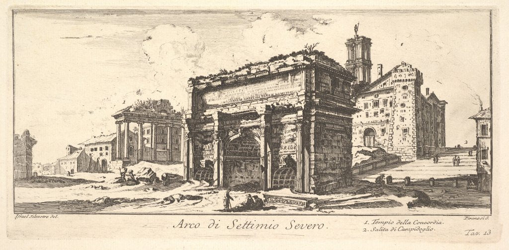 Detail of Plate 13: Arch of Settimius Severus 1. Temple of Concord. 2. Ascent to the Capitoline …, ca. 1748 by Giovanni Battista Piranesi