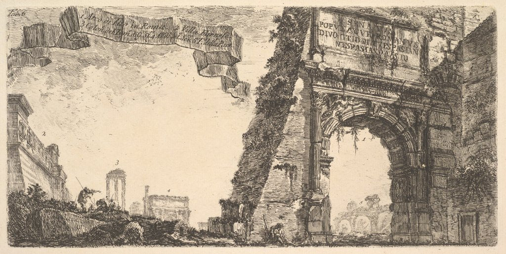 Detail of Plate 6: 1. Arch of Titus. 2. Villa Farnese. 3. Columns of the Temple of Jupiter Stato…, ca. 1748 by Giovanni Battista Piranesi