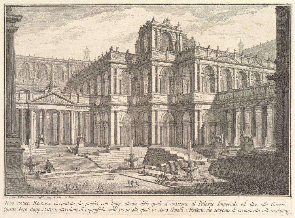 Detail of Ancient Roman forum surrounded by porticoes, with loggias, some of which communicate w…, ca. 1750 by Giovanni Battista Piranesi