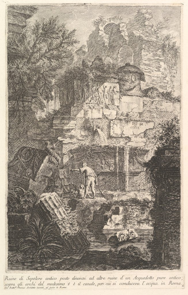 Detail of Ruins of an ancient tomb in front of ruins of an ancient aqueduc by Giovanni Battista Piranesi