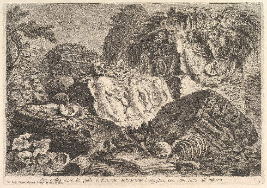 Detail of Ancient Altar on which sacrifices were performed in antiquity, surrounded by other rui…, ca. 1750 by Giovanni Battista Piranesi