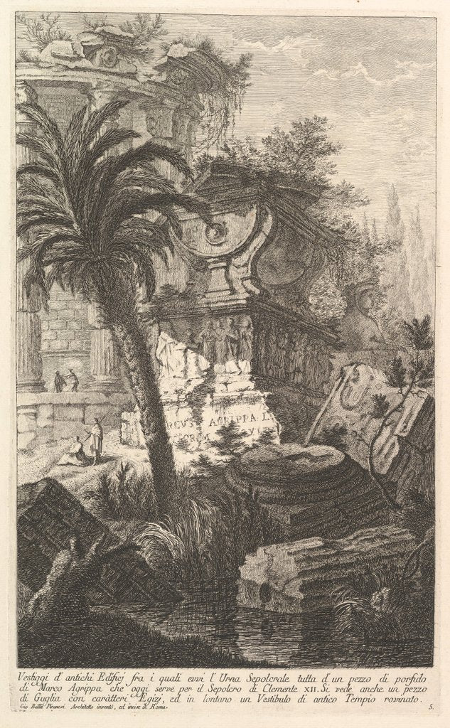 Remains of ancient buldings among which stands the sepulchral urn of Marcus Agrippa ma…, ca. 1750 by Giovanni Battista Piranesi