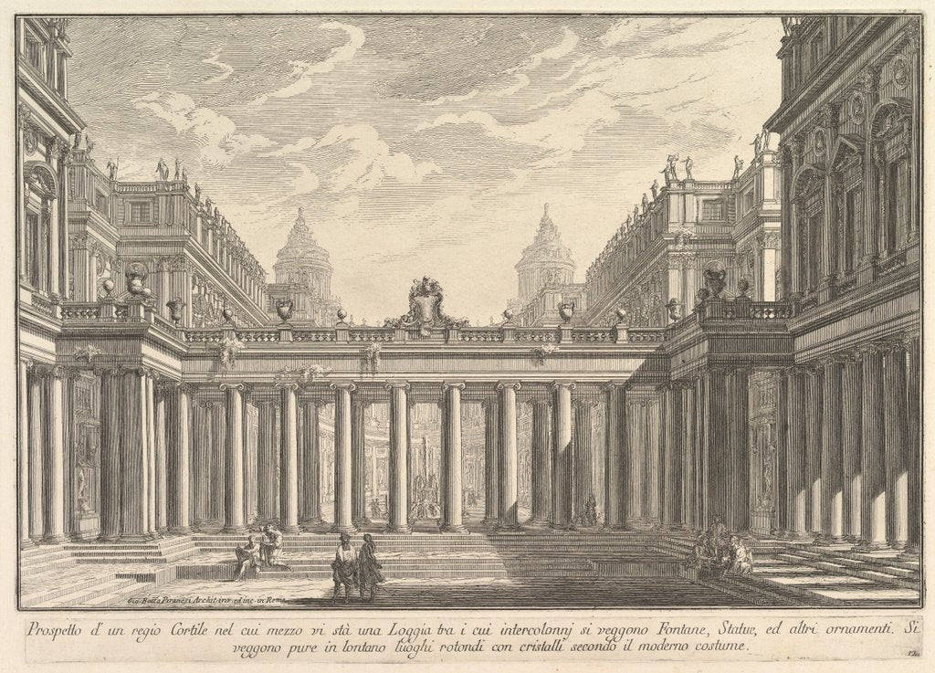 Detail of View of a courtyard with a loggia, fountains, statues, and other ornament by Giovanni Battista Piranesi