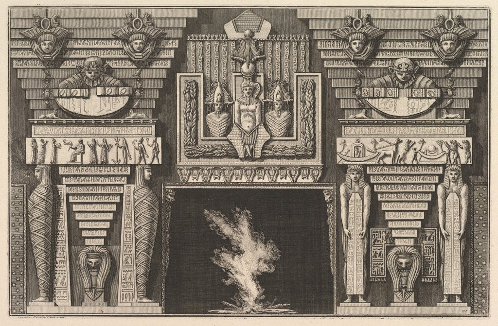 Detail of Chimneypiece in the Egyptian style: Two mummies in profile on the left and two figures…, ca. 1769 by Giovanni Battista Piranesi