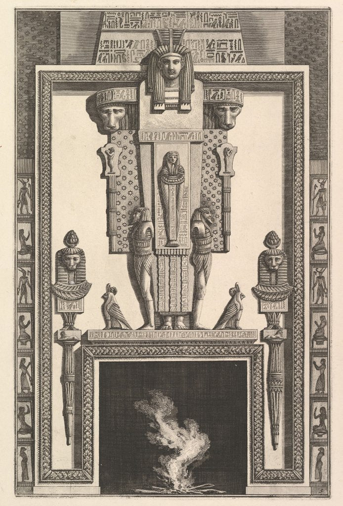 Detail of Chimneypiece in the Egyptian style: Mummy superimposed on a large caryatid above the linte…, 1769 by Giovanni Battista Piranesi