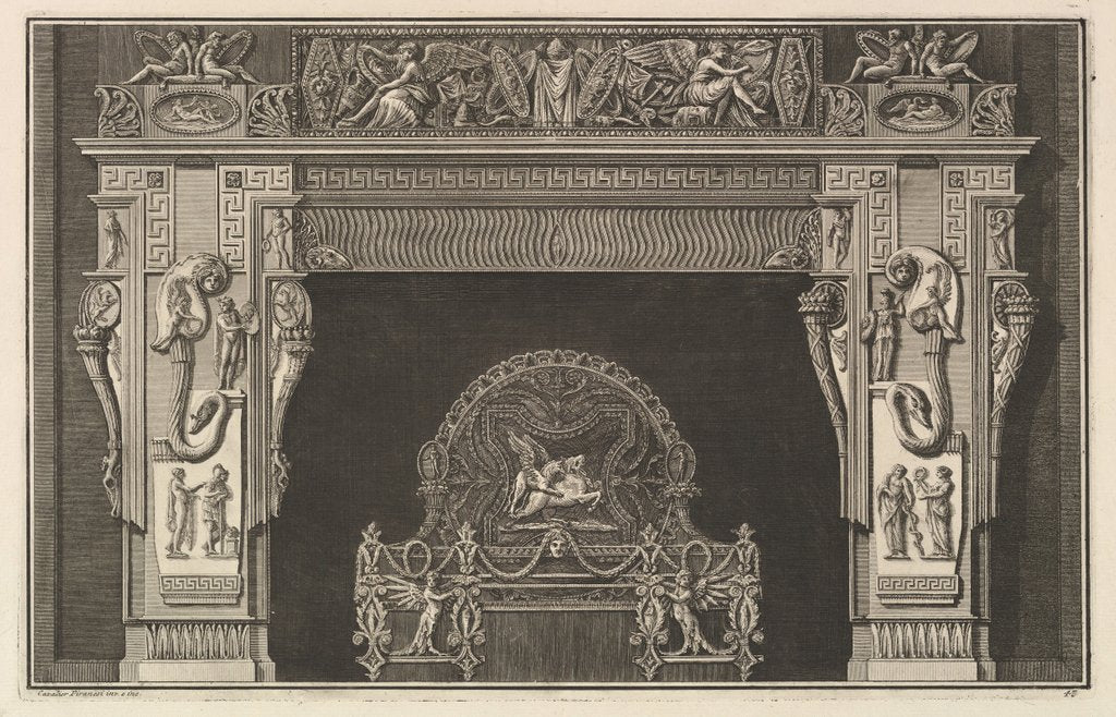 Detail of Chimneypiece: Frieze of trophies and winged Victories on the lintel, with cornucopias …, ca. 1769 by Giovanni Battista Piranesi