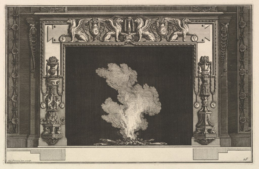 Detail of Chimneypiece: Affronted griffons on the lintel and candelabra on the jamb by Giovanni Battista Piranesi