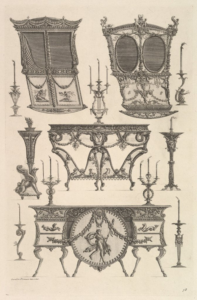 Detail of Miscellaneous furniture including two sedan chairs, a side table and a commod by Giovanni Battista Piranesi