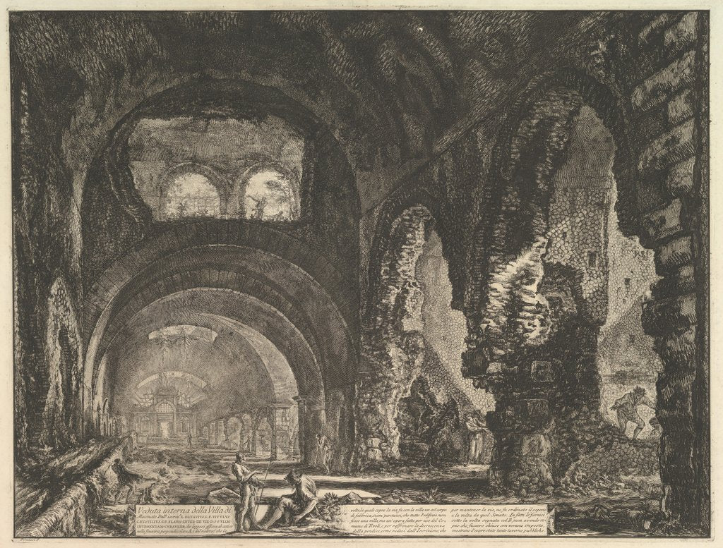 Detail of The so-called Villa of Maecenas at Tivoli. Interior with two figures in the opening of…, ca. 1764 by Giovanni Battista Piranesi