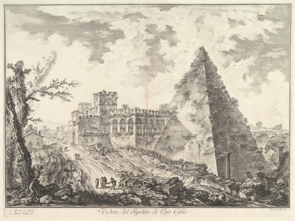 Detail of The Pyramid of Caius Cestius, with the Porta S. Paolo and adjoining roa by Giovanni Battista Piranesi