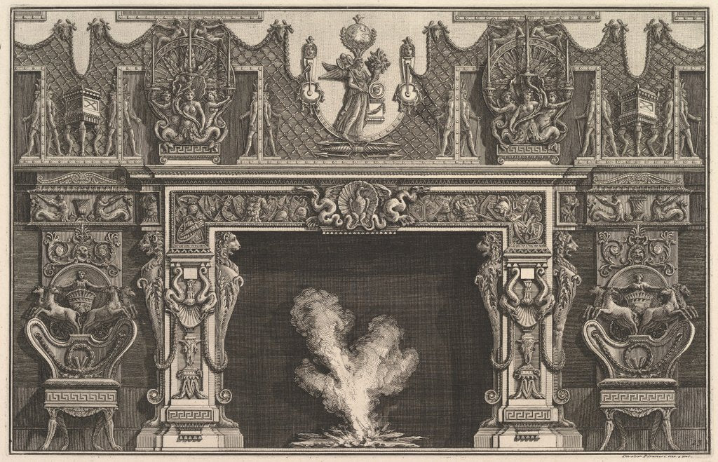 Detail of Bird in shell at the center of the lintel, with a frieze of trophies, surmounted by an…, 1769 by Giovanni Battista Piranesi