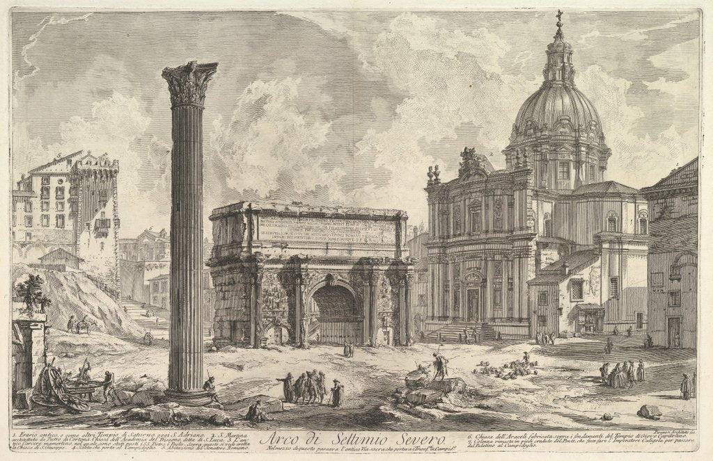 Detail of The Arch of Septimius Severus, with the Church of S. Martina on the righ by Giovanni Battista Piranesi