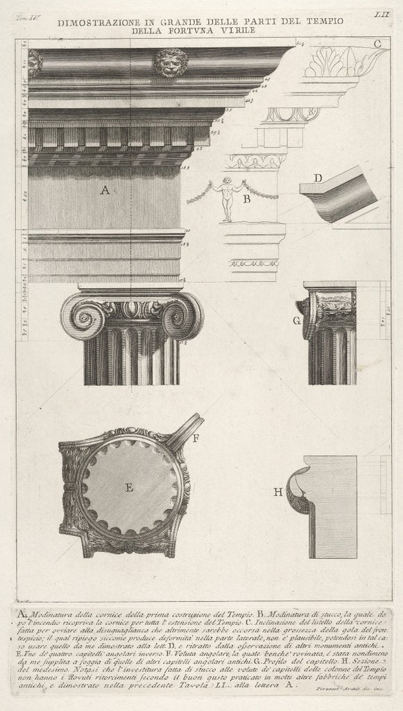 Detail of Cornice and column from the Temple of Fortuna Virilis, from …, 1756 by Giovanni Battista Piranesi
