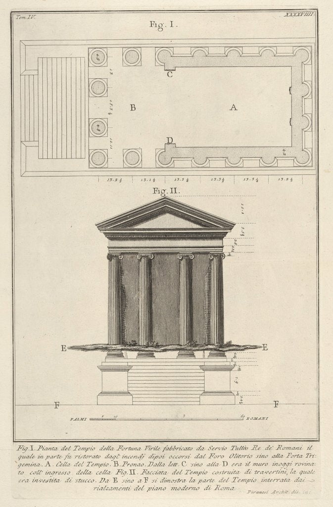 Detail of Plan and facade of the Temple of Fortuna Virilis, from the s…, 1756 by Giovanni Battista Piranesi