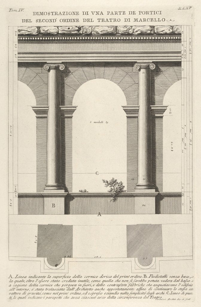 Detail of Elevation and plan of the second-order portico at the Theater of Marcellu by Giovanni Battista Piranesi