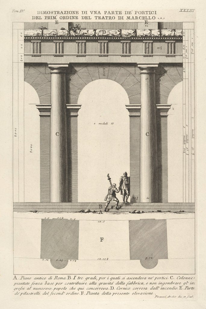 Detail of Partial elevation and plan of the first-order portico at the Theater of Marcellu by Giovanni Battista Piranesi
