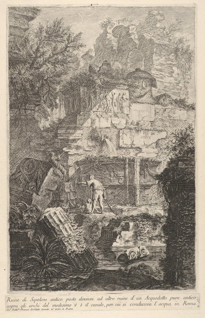 Detail of Plate 6: 'Ruins of an ancient tomb in front of ruins of an ancient aqueduct; above the arc…, 1743 by Giovanni Battista Piranesi