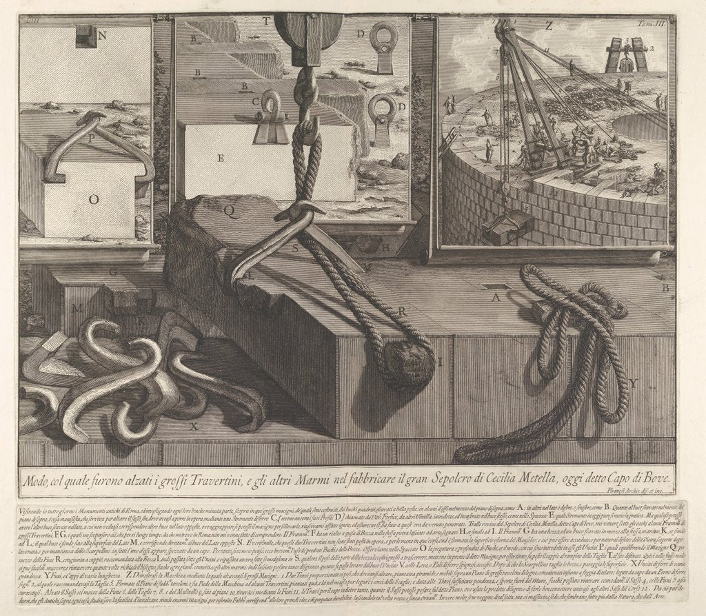 Detail of Demonstration panel showing technique for raising travertine and marble blocks for the con…, 1756 by Giovanni Battista Piranesi