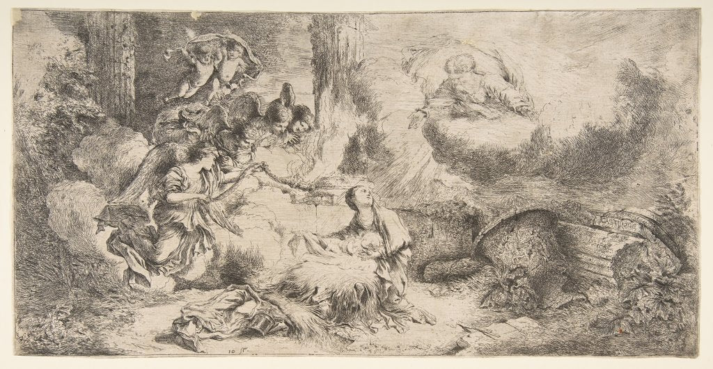Detail of The Virgin and Child, God the father upper right, angels at left, ca. 1647-50 by Giovanni Benedetto Castiglione